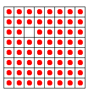 [figura de um tabuleiro 8x8 com pinos vermelhos em todos os quadrados, exceto no de posio (3,3)]