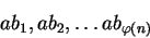 \begin{displaymath}ab_1, ab_2, \ldots ab_{\varphi(n)}\end{displaymath}