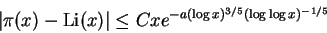 \begin{displaymath}\vert\pi(x) - \operatorname{Li}(x)\vert \le C x e^{-a(\log x)^{3/5} (\log \log x)^{-1/5}}
\end{displaymath}