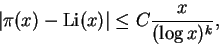 \begin{displaymath}\vert\pi(x)-\operatorname{Li}(x)\vert \le C \frac{x}{(\log x)^k},
\end{displaymath}
