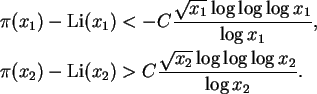 \begin{align}\pi(x_1) - \operatorname{Li}(x_1) &< -C \frac{\sqrt{x_1} \log\log\l...
...e{Li}(x_2) &> C \frac{\sqrt{x_2} \log\log\log x_2}{\log x_2}. \notag
\end{align}
