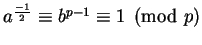 $a^{\frac{-1}{2}} \equiv b^{p-1} \equiv 1 \pmod p$