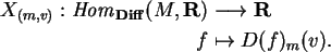 \begin{align}X_{(m,v)}:{\it Hom}_{\bf Diff}(M,{\bf R})
&\longrightarrow {\bf R}\notag\\
f&\mapsto D(f)_m(v).\notag
\end{align}